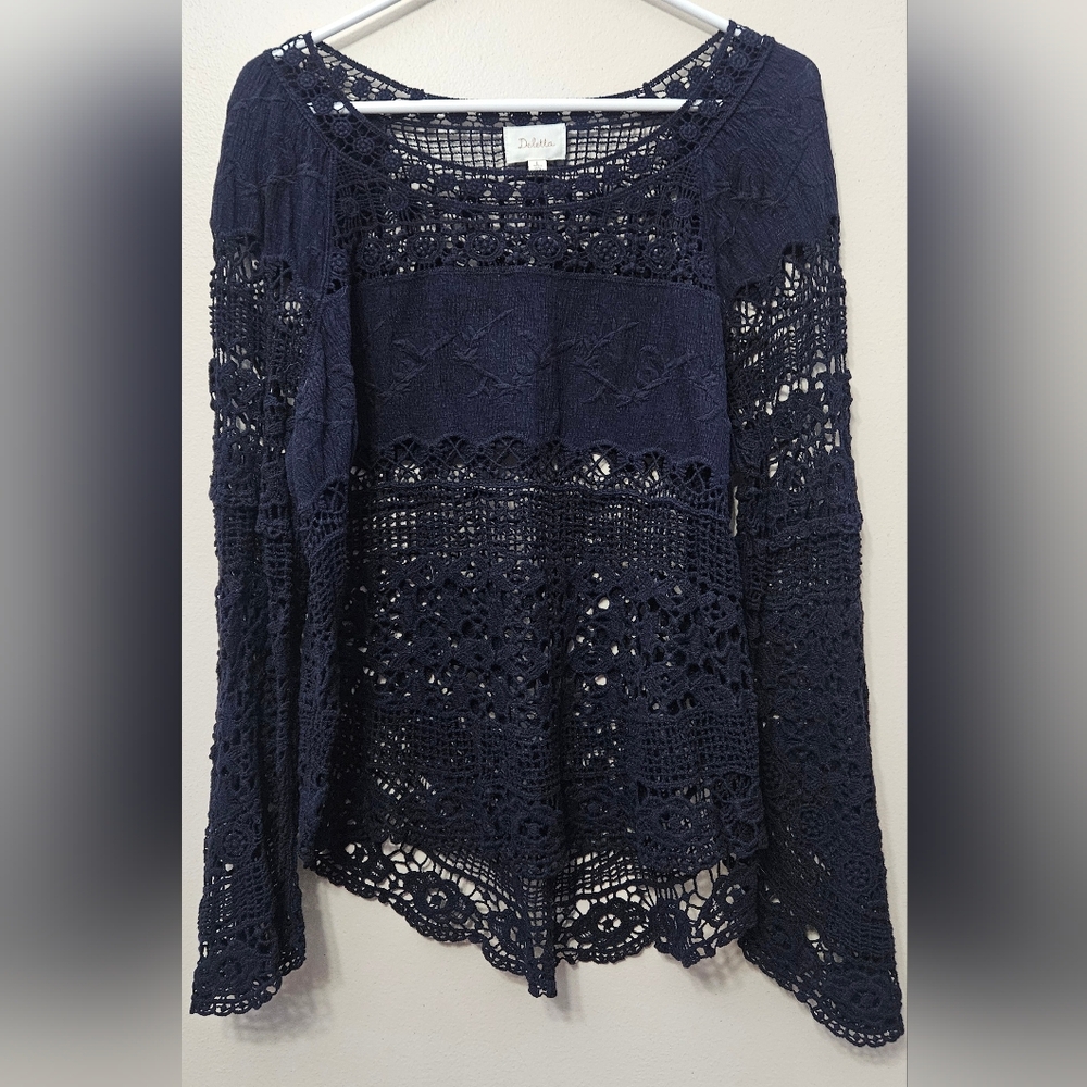 Deletta x Anthropologie - Long-Sleeve Crochet & Lace Blouse | Navy Blue | Size L
